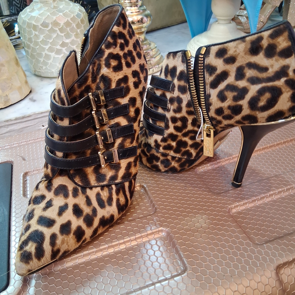 Michael Kors Leopard Print Heeled Boots with Black Straps